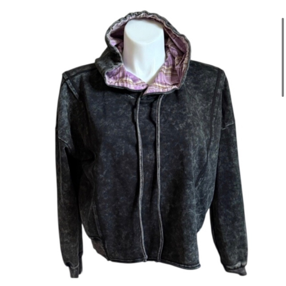 White Birch Black Label Mineral Wash Hoodie Plaid Oversized Black Purple Small